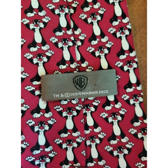 Vintage Warner Brothers Sylvester The Cat 100% Silk Tie Red Korea - Picture 3 of 4